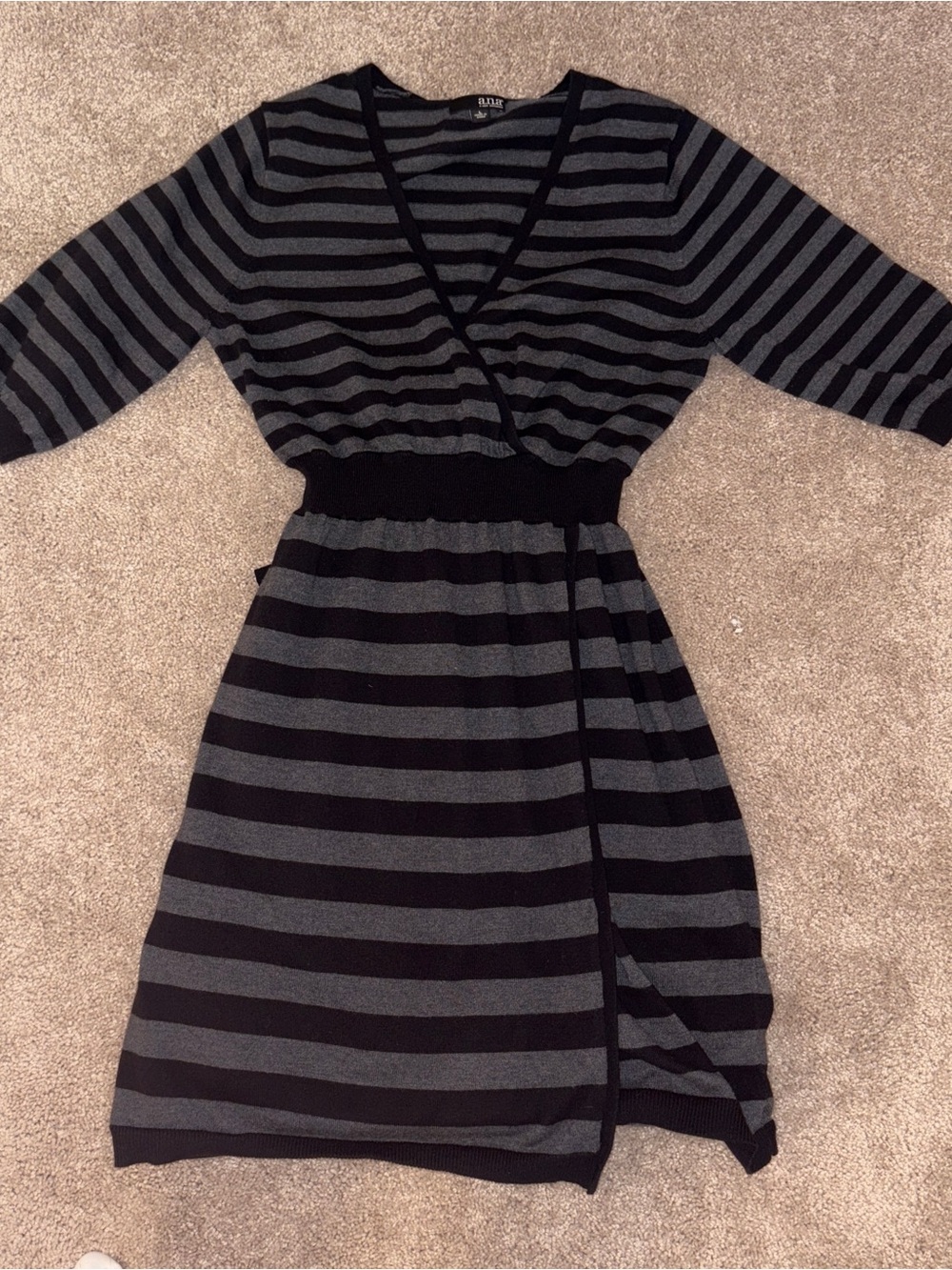 a.n.a Black and Gray Striped Knit Wrap Dress Size: L